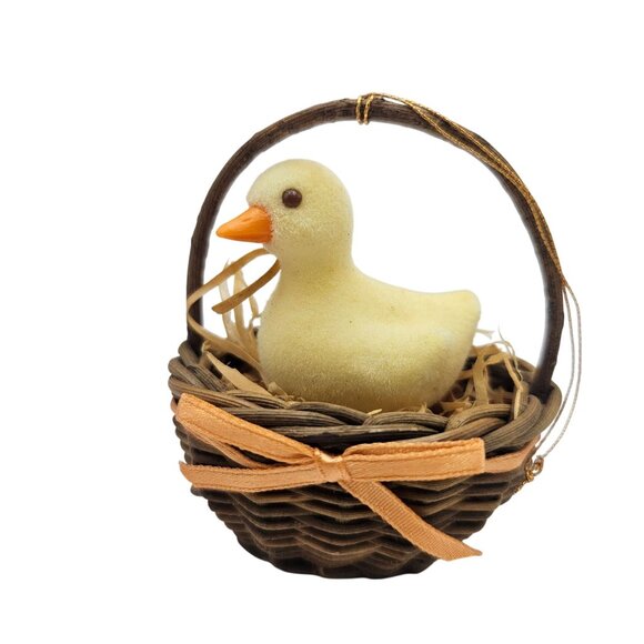 Avon Easter Yellow Duck Basket Ornament Wicker Basket Orange Ribbon Spring - Picture 5 of 6